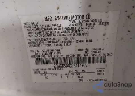 2018 Ford Flex Limited z USA, uszkodzony, nr VIN 2FMGK5D8XJBA14702